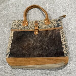 Chloe & Lex Leather Cow Hide Cotton Recycled Canvas Patchwork Tote Bag